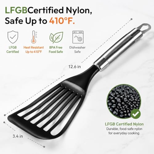 KSENDALO 2 Pack Thin Flexible Fish Spatula for Nonstick Cookware, Black | Egg Flipper Turner, Hollow Steel Handle Slotted Angled LFGB Complaint Nylon Blade, Dishwasher Safe