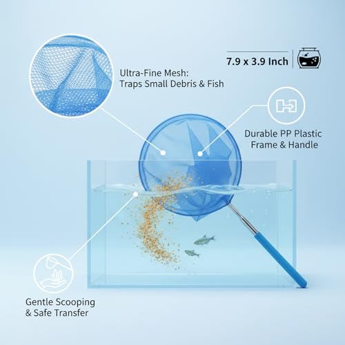 Aquarium Fish Net with Fine Mesh, Durable PP Plastic Frame for Scooping Debris and Transferring Fish, 7.9 x 3.9 Inch Head (1 Pack)