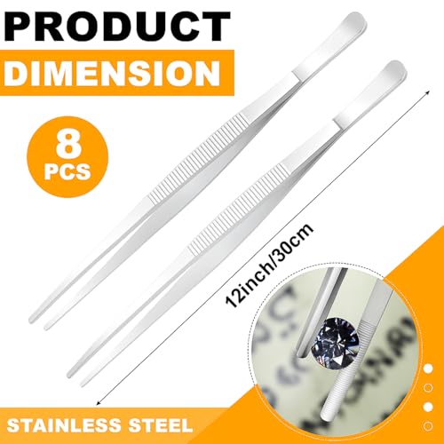 Yaomiao 8 Packs 12 Inch Bar Tweezers Silver Cocktail Tongs Long Garnish Tweezers Stainless Steel Bartender Kitchen Cooking Tongs for Cocktail Food Fruit Korean BBQ Bartender Chef, Multi-use - color: Silver, size: 12 Inch