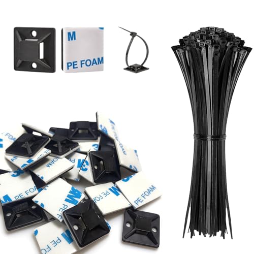50 Set Cable Zip Tie Self Adhesive Mounts Kit with 6" Zip Ties, 3/4" Wire Holders Squares, Screws - Sticky Wire Fasteners Cable Clips Management Anchors Organizer - color: Black, size: 50 Set