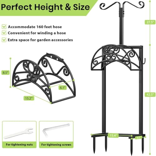 TomCare Garden Hose Holder Upgraded Water Hose Holder Heavy Duty 4 Spikes Hose Hanger Holds 160 Feet Hoses Stable Freestanding Hose Storage Organizer for Outside Yard - color: Deep Black