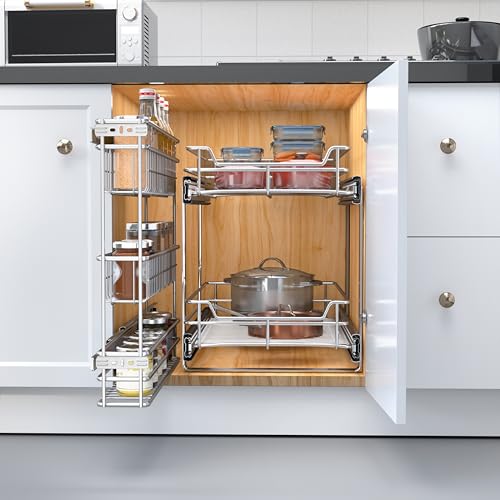 JOWBOOW Narrow Pull Out Cabinet Organizer, 4" Skinny Side Mount Spice Rack for Frameless Cabinets, Heavy Duty 3-Tier Zero Wobble Slide Out Shelf - size: 4"W Side-Mount (Frameless ONLY!)