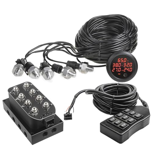 12V Solenoid Valve Air Ride Suspension manifold 8-Valve With 5M 9-switch Wired Remote Controller, equipped with five display air pressure gauge red - color: 5M-Control&Red Gauge