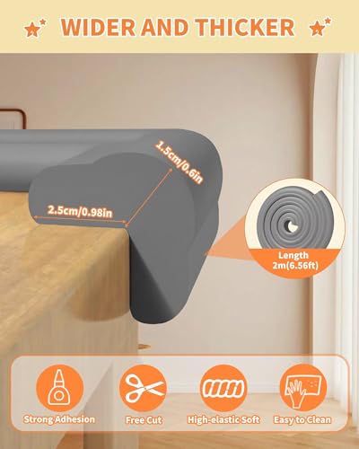 Edge Corner Protector Baby Proofing, 6.56FT 0.6'' Thicken L-Shape Furniture Fireplace Safety Bumper Guard with 6 Corners, Pre-Taped, Soft NBR Rubber Foam, Table Edge Protector for Baby (Grey) - color: Gray, size: 0.6''Th (6.56ft)