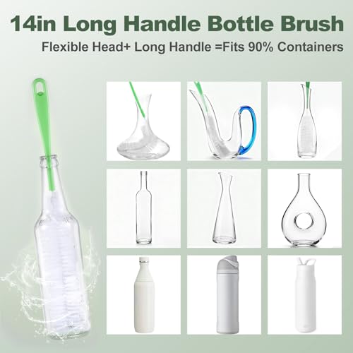 5 Pack Bottle Brush Set, 5 in 1 Water Bottle Cleaning Brush, Long Handle Narrow Wine Cup Cleaner, 3 Straw Brushes for Stanley, Travel Nipple Lid Gap Detail Washer Brush - color: Green