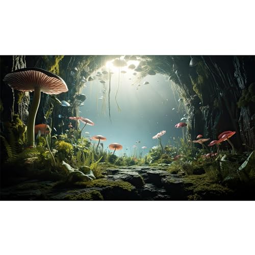 Underwater World Aquarium Background Tropical Plants Cave Style Mushrooms Reptile Tank Backgrounds Rock Lush Moss Plants Fish Tank Background Underwater Ocean Reptile Enclosure Backgrounds 24x16in - color: Foggy Green, size: 24(W)x16(H)inches/ 60(W)*40cm(