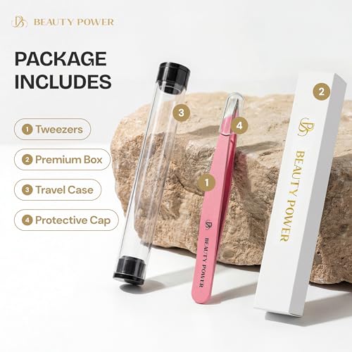 Beauty Power Tweezers for Women Facial Hair: Ultra Precision Tweezers for Women & Men, Sharp Slant Tweezer for Eyebrows, Ingrown Hair Removal. Professional Plucker, German Stainless Steel (Pink) - color: Pink