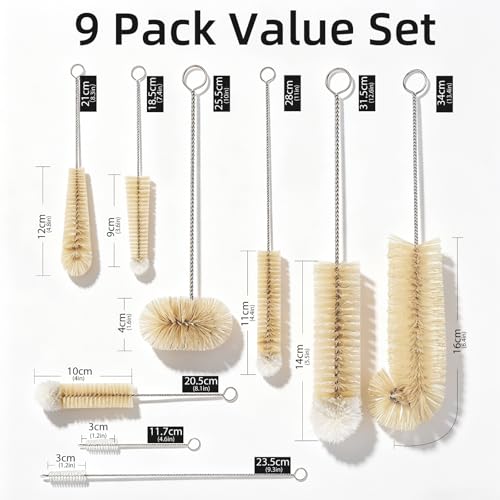 Masthome 9 Pack Bottle Brush Set, Boar Bristle Mixed PP Baby Bottle Cleaner, Long Handle Straw Brushes for Narrow Neck Bottles, Hummingbird Feeder, Wine, Beer