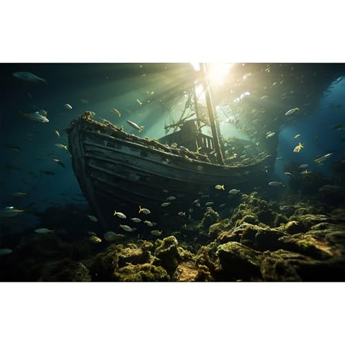 Underwater Aquarium Background Under The Sea Sunken Old Wooden Ship Ruins Fish Tank Background Seagrass Coral Reefs Sunken Ship Terrarium Backgrounds Undersea World Reptile Tank Backgrounds 24x12in - color: Dark Green, size: 24(W)x12(H)in