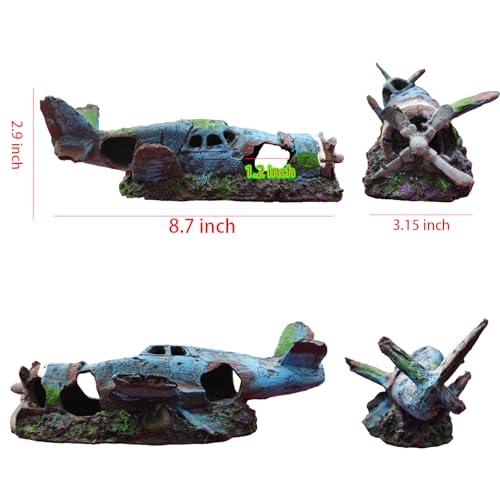 Aaquarium Accessories Set, Betta Fish Hideout Cave, Fish Castle Set | Large Size Resin Plane with 10 Artificial Aquatic Plants, 30-40 Seashells, 1 Floating Diver for Fish Tank Decor - color: Broken Plane