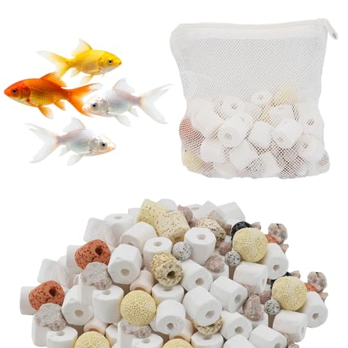 Aquarium Filter Media, 12 in 1 Bio Balls Ceramic Rings Set with Zippered Mesh Bag, Durable Freshwater Marine Biological Filter Media for Fish Tank, Pond, Canister (1.1lb, 500g)