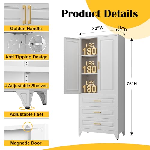 SteeLoong 75" Kitchen Pantry Cabinet with 3 Drawer,Metal Storage Cabinets with Doors and 4 Adjustable Shelves,White Kitchen Cabinet with 2 Gold Handles,Food Cupboard for Livingroom,Pantry, Bathroom - color: White, size: 75"H 3 Drawers
