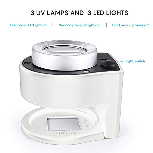 30X Loupe Magnifier with 6 Light,Desktop Portable Metal Magnifier Folding Scale Sewing Magnifing Glass for Textile Optical Jewelry Tool Coins Currency (White) - color: White