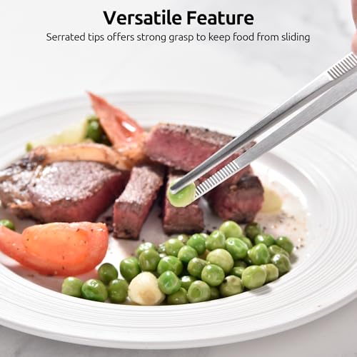 U-Taste 8" Kitchen Plating Tweezer Set: 18/8 Stainless Steel Food-Grade Metal Food Tong, Seamless-Welding, Flexible Pinching and Non-Slip for Serving, Decorating, Cooking, Baking (Round & Pointed Tip) - size: 8in (round+pointed tip)