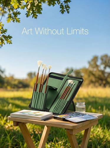 DUGATO Long Canvas Paint Brush Holder Zippered 5.7x14.8 inch, Premium Art Case for Brushes Long Handle up to 13" Length, 15 Slots Storage for Artist (Brush Not Included) - Green - color: Green, size: Large 5.7x14.8 inches