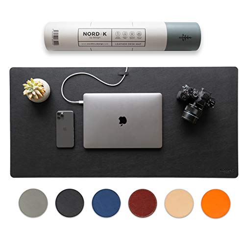 Nordik Leather Desk Mat Cable Organizer - Pebble Black 35 X 17 inch - Premium Mouse Mat - Felt Vegan Leather Desk Pad Protector - Desk Blotter Matt Keyboard - Large Desk Matt for Desktop Computer - color: Pebble Black