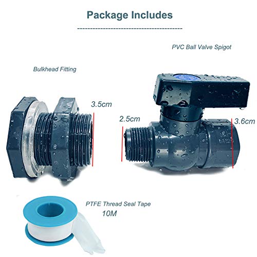 Rain Barrel Drain Valve Kit, 3/4" PVC Garden Spigot with Bulkhead Fitting, Thread Seal Tape