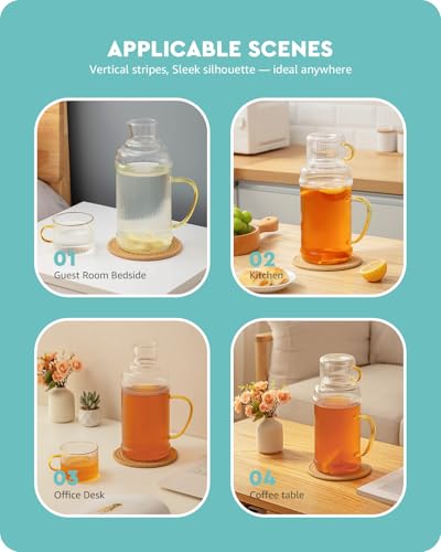 Baffect Bedside Water Carafe And Glass Set, High Borosilicate Glass Pitcher For Hot Or Cold Beverage, 68oz Water Bottles With 10 Oz Tumbler For Nightstand, Kitchen, Mouthwash Dispenser For Bathroom - style: With Lid