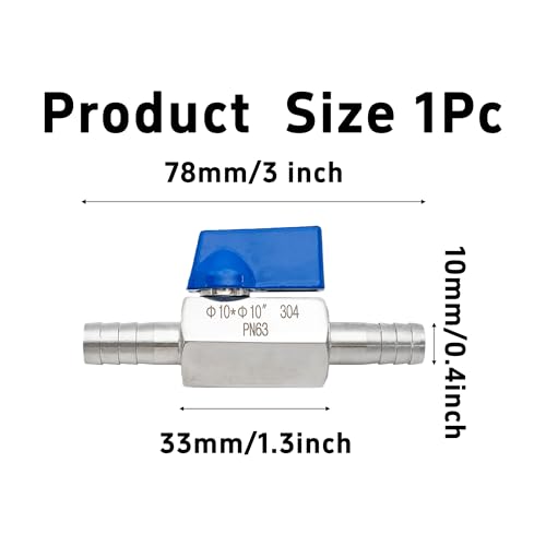 3/8” 304 Stainless Steel Mini Barb Ball Valve, Hose Shut Off Valve with Clamps, Corrosion Resistant Shut-Off Switch for Water, Gas, Fuel, Drip Irrigation - size: 3/8”