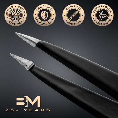 Pointed Tweezers | High Carbon Stainless Steel Needle Nose | Fine Point Precision Hair Removal | Perfectly Aligned & Hand-Filed Sharp | Black - color: Black