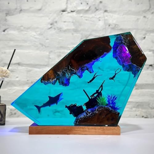 Shark Ocean Resin Lamp, Handmade Wooden Table Resin Night Light, USB Port Art Ornaments for Home Office Decor, Scuba Diver Gifts for Birthday Holiday, Valentine's Day Gifts for Husband - color: Shark, size: S
