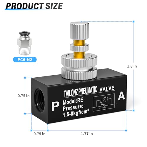 TAILONZ PNEUMATIC 1/4 Inch NPT Air Flow Control Valve with Push-to-Connect Fitting, in-Line Speed Controller Union Straight RE-02