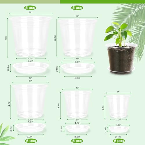 7/6/5/4/3 Inch Clear Nursery Pots with Drainage Trays, 25 Pack Plastic Pots for Plants, Clear Pot for Seed Starting, Transplanting, Succulents, and Indoor Gardening (3+4+5+6+7 inch) - size: 3+4+5+6+7 inch