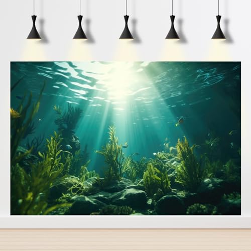 Ocean Aquarium Background Aquatic Plants with Rocks Terrarium Backdrop Sunlight Rays Deep Sea Fish Tank Background Aquarium Wallpaper Poster Decor Vinyl 24x12in - color: Grass Green, size: 24(W)x12(H)inches/ 60(W)*30cm(H)