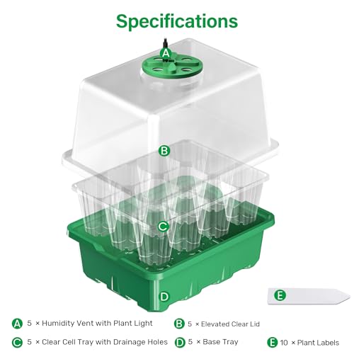 Bonviee 5 Packs Seed Starter Tray with Plant Light, Elevated Seedling Starter Trays Kits with Adjustable Humidity Domes and Clear Cell Tray, 12 Full Spectrum led lamp Beads for Plants Indoor-Green - color: Green, size: 5 Packs, with light