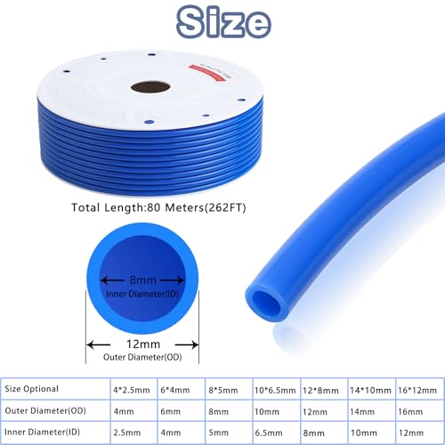 VerRich Pneumatic Tubing Pipe Pu Hose,Blue 12mm OD x 8mm ID 80 Meters 262 FT PU Air Hose Line Tube for Air Compressor Transfer - color: Blue, size: OD12mm*ID8mm 262 FT (80 Meters)