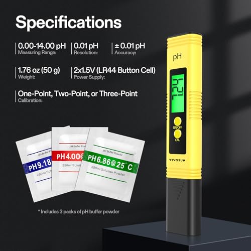 VIVOSUN Digital pH Meter, 0.01pH High Accuracy Pen Type pH Tester for Hydroponics, Household Drinking, Pool and Aquarium, Yellow, UL Certified - color: Yellow