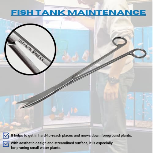 Aquarium Scissors Stainless Steel 12" Extra Long Water Grass Scissors for Aquatic Plants Pruning, Fish Tanks, Terrariums Used in Salt Water Fresh Water Landscape Maintenance Tools (Curved - Silver) - style: Curved - Silver