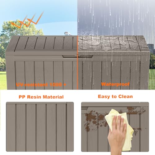 PatioZen 90 Gallon Resin Deck Box, Lockable Patio Outdoor Storage Box for Furniture, Garden Tools and Tools Storage, Waterproof Outside Storage Boxes - Grey - color: Grey, size: 90 Gallon