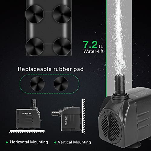 VIVOSUN 480GPH Submersible Pump(1800L/H, 25W), Ultra Quiet Water Pump with 7.2ft High Lift, Fountain Pump with 5ft Power Cord, 3 Nozzles for Fish Tank, Aquarium, Statuary, Hydroponics Black - size: 480GPH