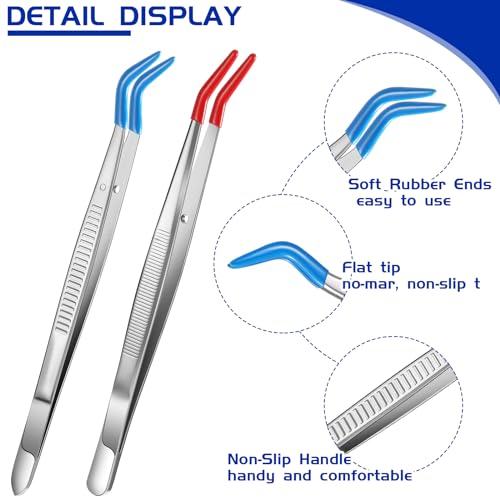 Honoson 2 Pieces Tweezers Curved Bent Tip Tweezers with Rubber Silicone Tips PVC Coated Non Marring Soft Long Rubber Stainless Steel Tools for Jewelry Crafts(Red, Blue) - color: Red, Blue