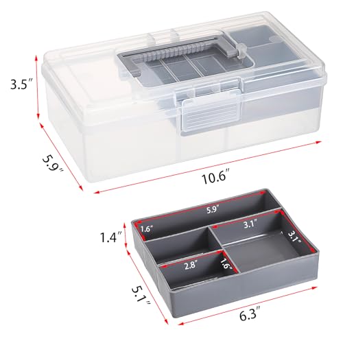 JUXYES Plastic Carry Storage Box with Removable Dividers, Clear Art Craft Supply Storage Bin Sewing Box With Handle Lid, 2 Layers Stationery Storage Case for School/Office Supplies - color: Gray