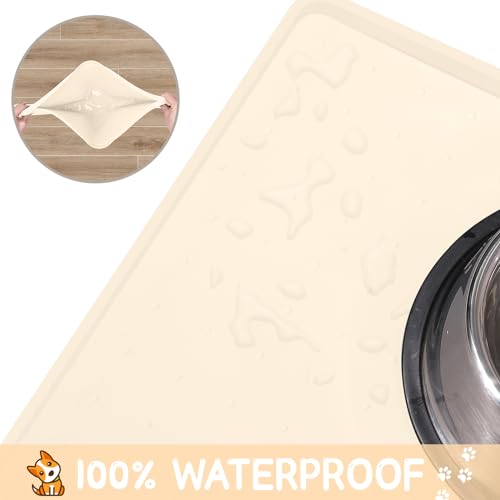 MateeyLife Silicone Cat & Dog Food Mat for Floors Waterproof, Anti-Slip Dog Bowl Mats for Food and Water, Pet Feeding Mats with Lip to Prevent Spills, Pet Placemat for Messy Drinkers to Protect Floors - color: Beige, size: 22''×14''