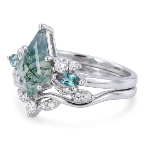 Natural Moss Agate Engagement Ring Set for Women, Unique Genuine Moss Agate Ring, 925 Sterling Silver 10K 14K 18K Solid Gold Nature Inspired Bridal Set, Boho Wedding Jewelry Gift - color: One