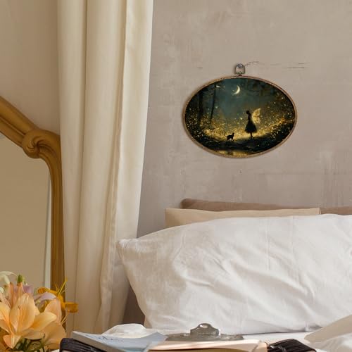 kdqua Enchanted Forest Fairy Oval Wall Art Decor, Dark Academia Cottagecore Canvas Artwork Framed, Moody Magical Fairy with Cat Wall Hanging Decorations for Home Bedroom Living Room, 11.4x8.6 Inch - color: Fairy2-oval, size: 11.4"L x 8.6"W