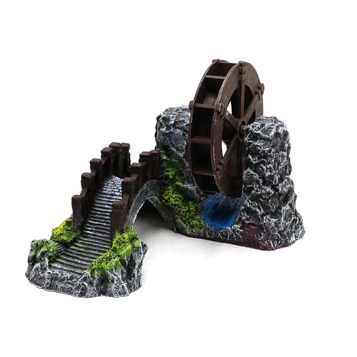 Aquarium Ornament - Water Wheel Bridge Statue, Chinese Potted Plant Simulation Decoration, Fish Tank Accessory, Sturdy Resin Material for Freshwater and Saltwater Tanks 7.09x5.91x4.72 Inches