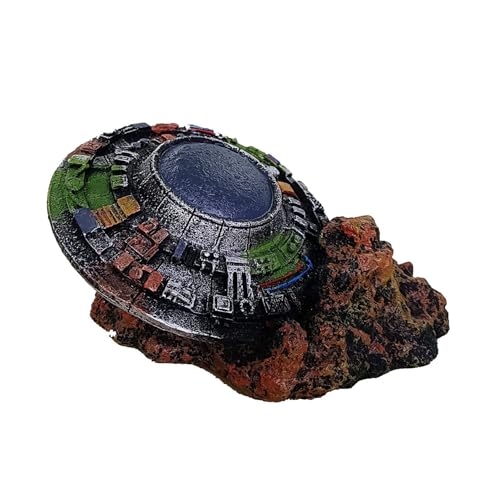 Saim UFO Wreckage Aquarium Ornament - Eco-Resin Fish Tank Hideout with Exploration Cave for Betta & Shrimp, 5.11" Stable Base Underwater Landscape Decor