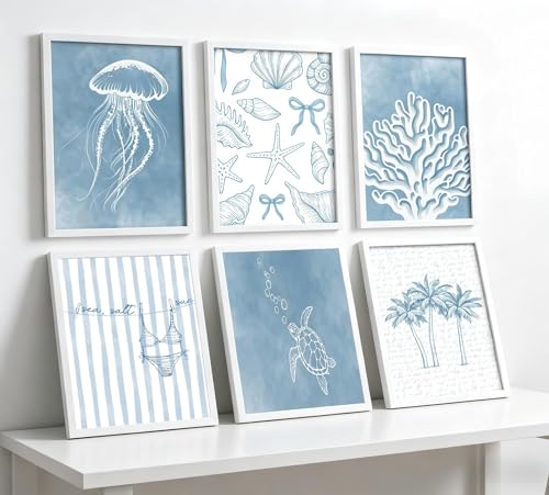 Tropical Ocean Life Wall Art Set of 6, Watercolor Blue Coastal Canvas Prints with Jellyfish、Turtle、Coral, Unframed Marine Theme Wall Decor Posters for Bathroom Kid’s Room Home Decoration 12x16inch - color: Tropical Ocean Life, size: 12x16in
