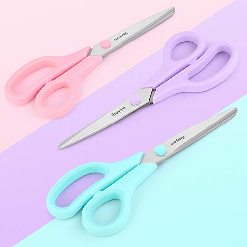 Scissors, iBayam 8" All Purpose Scissors Bulk 3-Pack, Ultra Sharp 2.5mm Thick Blade Shears Comfort-Grip for Aesthetic Fun Cute School Office Teacher Desk Crafts and Art Supplies Accessories Essential - color: Pastel Pink, Soft Purple, Macaron Blue, size:
