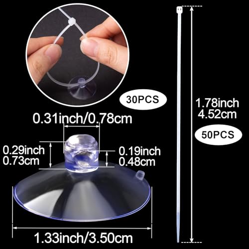PAGOW 30 Pcs Aquarium Suction Cups with 50 Pcs Zip Ties, Suction Cup for Fish Tank Plants Binding Moss Shrimp Nest Landscape Fixation, Utility Sucker Pad Without Hooks for Kitchen Hanging(3.5cm) - color: Clear (Set of 80), size: 1.38 inch