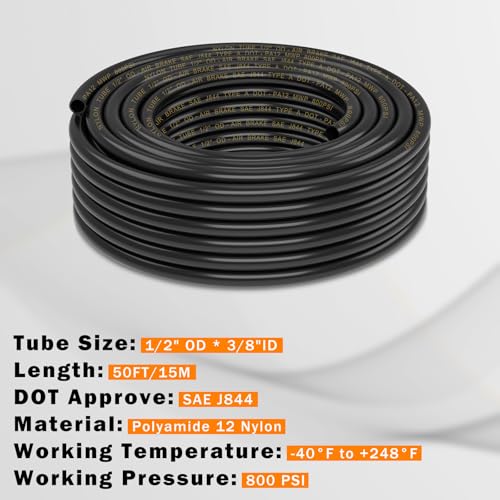 CheeMuii 50 FT 1/2" DOT Air Line PA12 Nylon 1/2 Pneumatic Tubing SAE J844 DOT Air Hose 15 Meter 1/2 Inch OD Pneumatic Air Tubing Pipe Hose Line - size: 1/2"OD-50FT-Single Layer