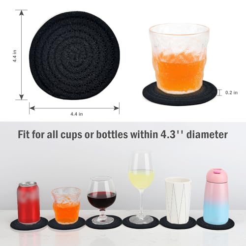 ABenkle 8 Pcs Drink Coasters with Holder, Cotton Woven Absorbent Coasters for Drinks, Minimalist Home Decor Coaster Set for Wooden Tabletop Protection Table, 4.3 inches - color: Black, size: 8 Pcs