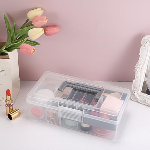 JUXYES Plastic Carry Storage Box with Removable Dividers, Clear Art Craft Supply Storage Bin Sewing Box With Handle Lid, 2 Layers Stationery Storage Case for School/Office Supplies - color: Gray