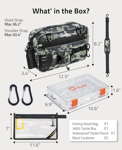 CVLIFE Fishing Tackle Bag Waist Pack with Rod Holder, Water Resistant Fanny Pack Includes 3600 Tackle Box, Waterproof Pouch & Carabiners, Convertible Sling Bag with Net Holster for Gear - color: Shadowstand
