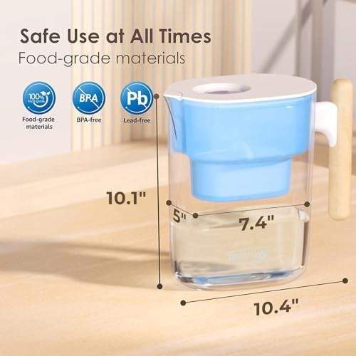 Waterdrop PT-04B Water Filter Pitcher, 10-Cup Capacity, NSF Certified, 200-Gallon Long-Life Filter, 5X Longer Filter Life, Reduces PFOA/PFOS and Chlorine, BPA-Free, Sturdy Wooden Handle, Blue - color: Blue, style: Classic Pitcher