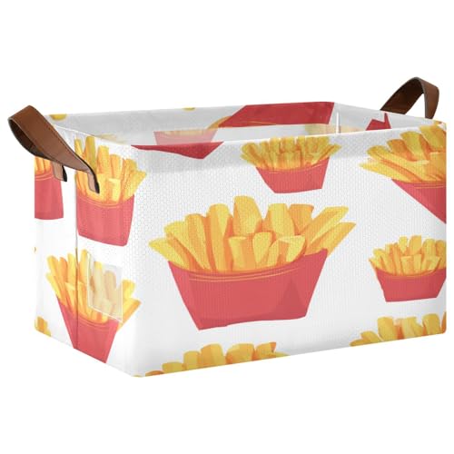 Ollabaky Collapsible Rectangular Closet Storage Bin Fast Food French Fries Shelf Basket Box with Leather Handles - Storage Cube, Nursery Storage, Laundry Hamper